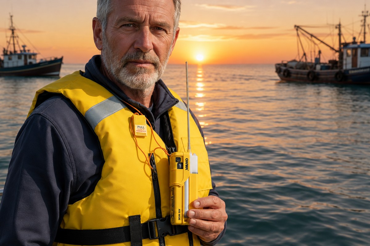 Pescador con chaleco salvavidas sosteniendo un localizador AIS MOB