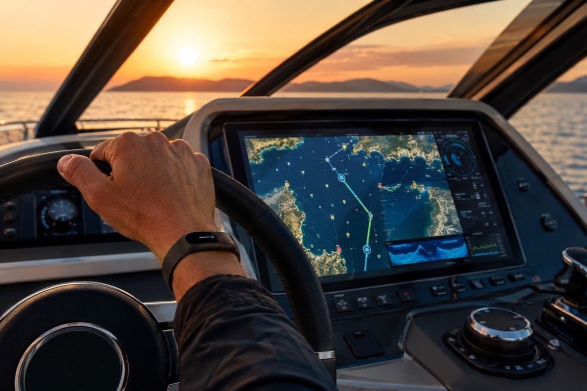 Timón con multifunción mostrando cartografía náutica y sonar