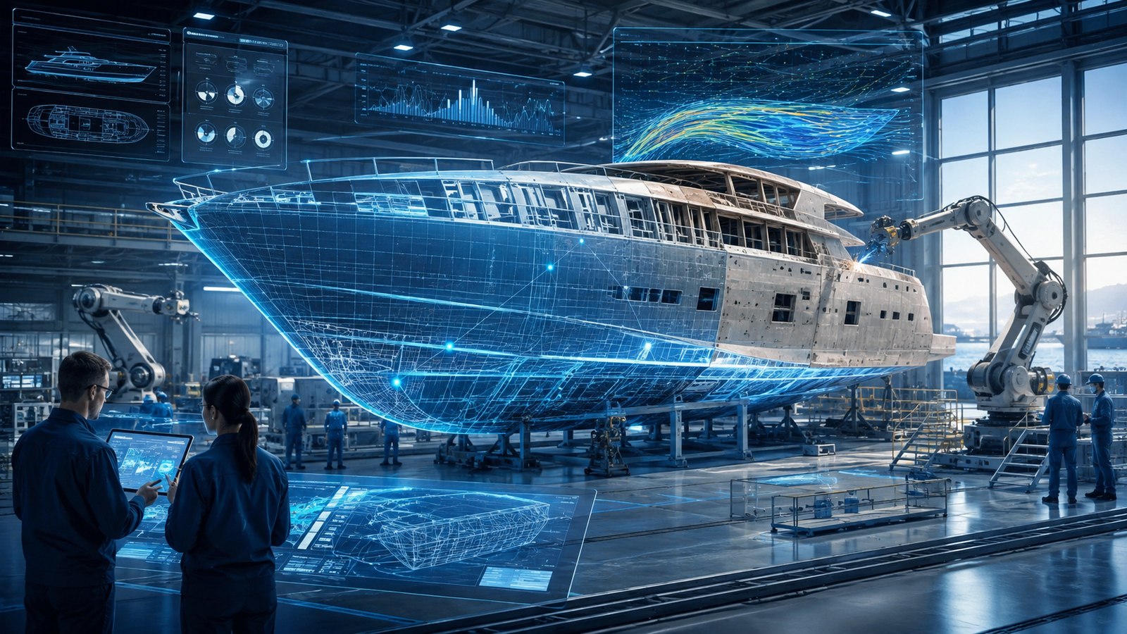 Vessel hull in a shipyard overlaid with a digital model and data panels