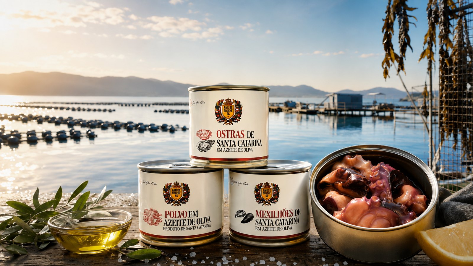 Latas de conserva de ostras, mejillones y pulpo sobre madera, con un cultivo marino al fondo