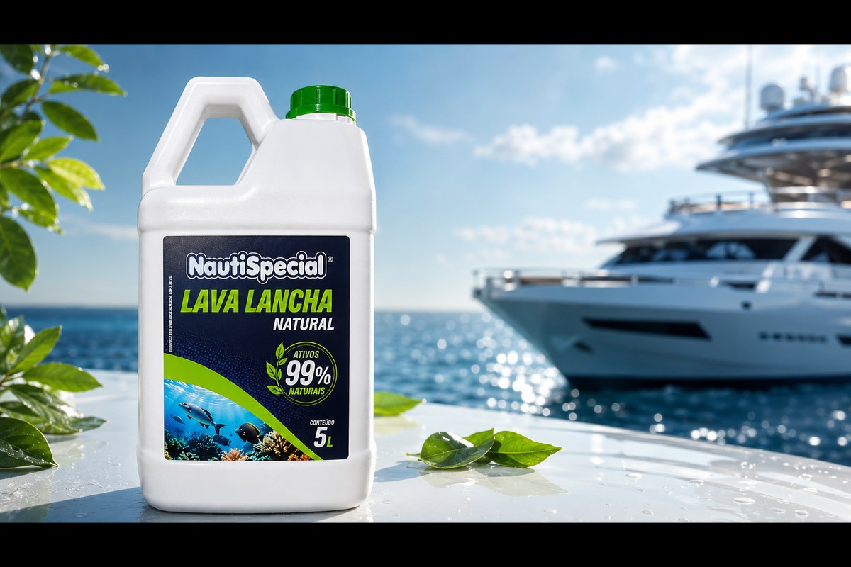 Bidón del Lava Lancha Natural de NautiSpecial con un yate al fondo
