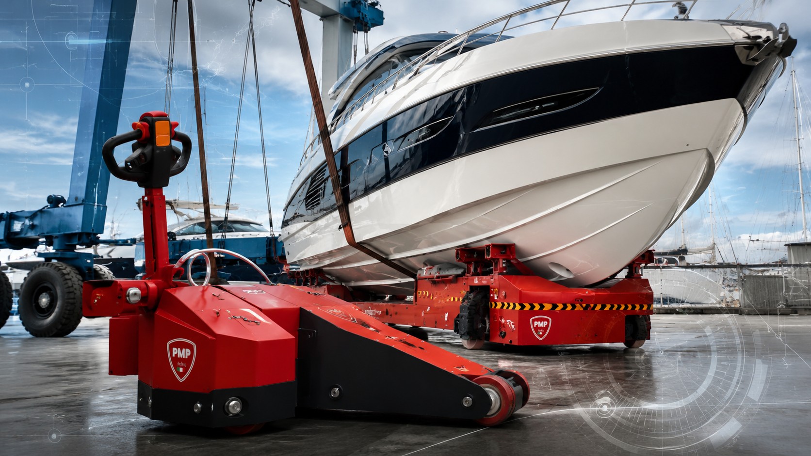 Due macchine elettriche rosse PMP Italia che sostengono l'invaso di uno yacht nel piazzale di una marina